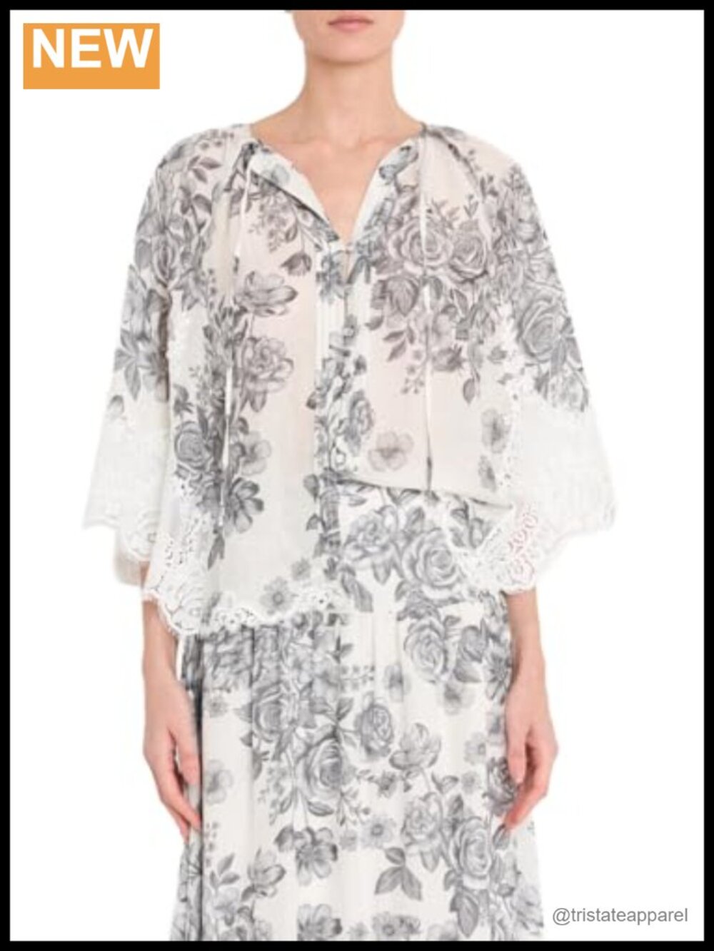 Short Sleeve Cape Blouse Tie Neck Floral Blouson Top Relaxed Fit